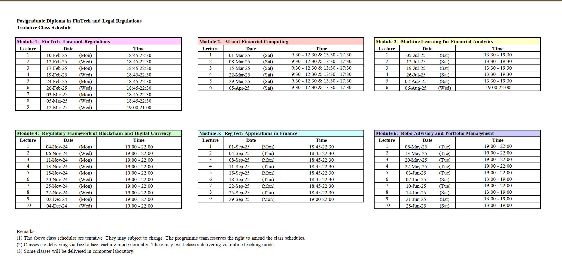 Class Schedule (Nov 2024 intake)